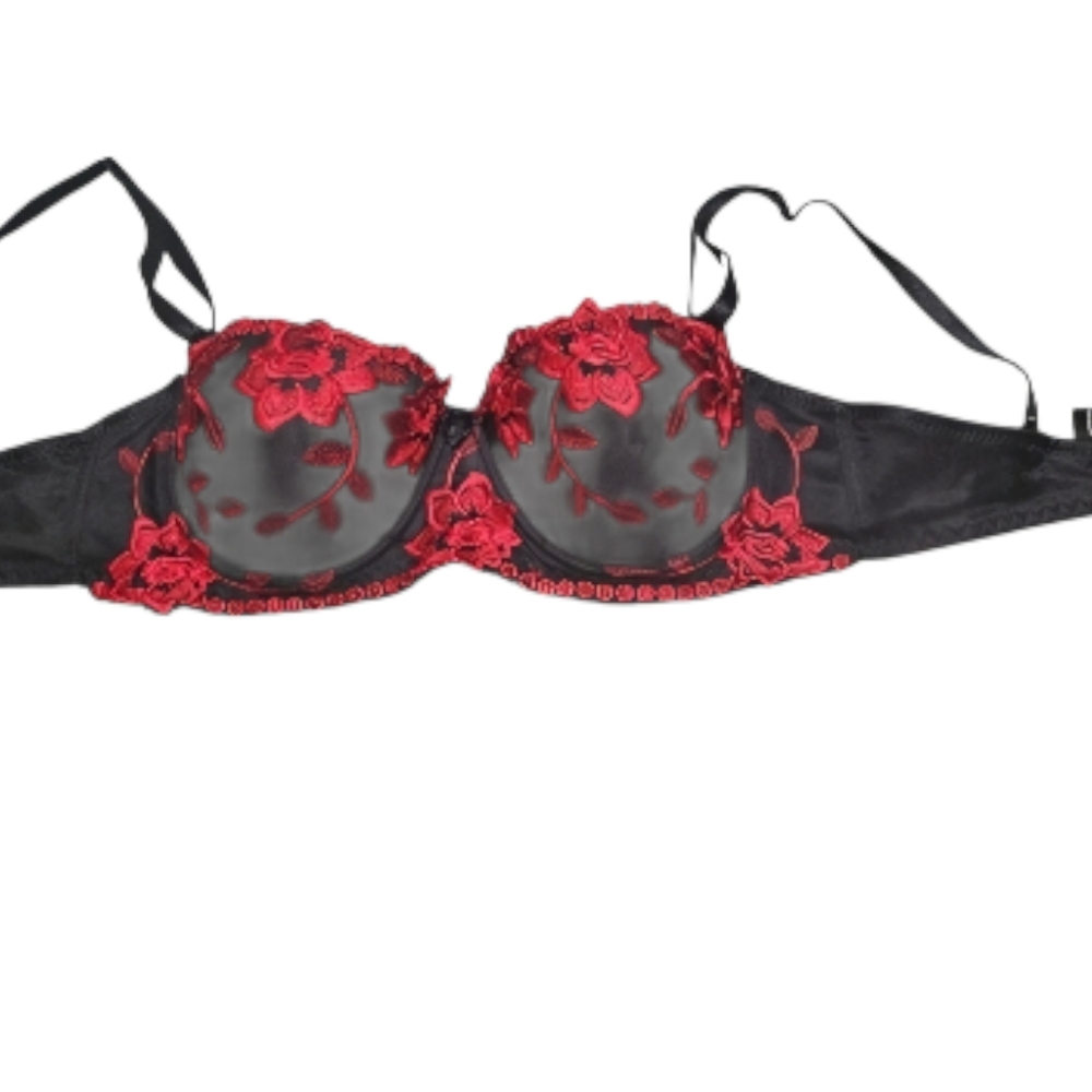 Chic Black and Red Floral Lace Bra Brand New